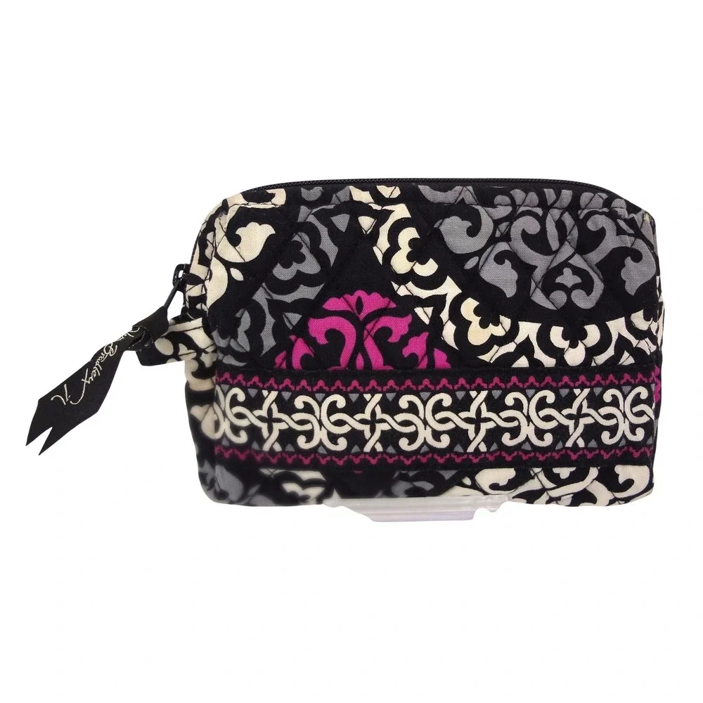 Vera Bradley Cosmetic Bag Small Black Pink Canterbury Magenta Good Quilted Pouch